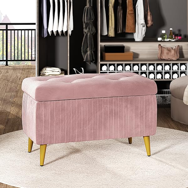 Lamerge Large Upholstered Velvet Storage Ottoman,End of Bed Bench,Flip Top Entryway Bench,Tufted Foot Rest Stool,Can Used as Tea Table,Vanity Bench,Livingroom Chair,47.24" W,Golden & Pink