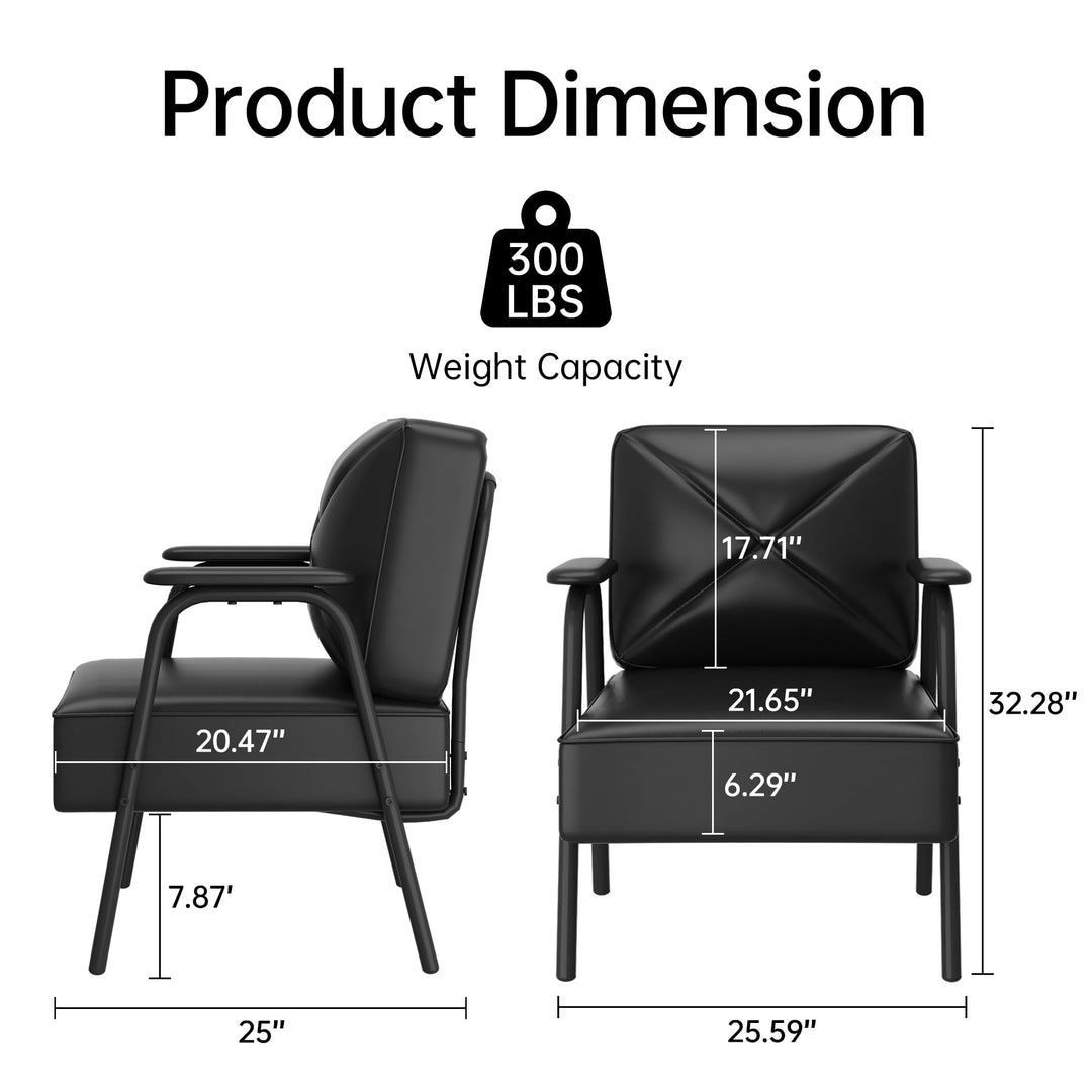 Lamerge Black Small Accent Chair Set of 2, Mid Century Modern Side Chair with Padded Armrests, Retro Faux Leather Arm Chair for Living Room, Bedroom, Office, Reception Room