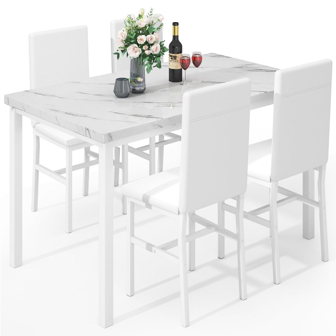 Hooseng Dining Table Set for 4 with Faux Marble Top and Upholstered Velvet Chairs