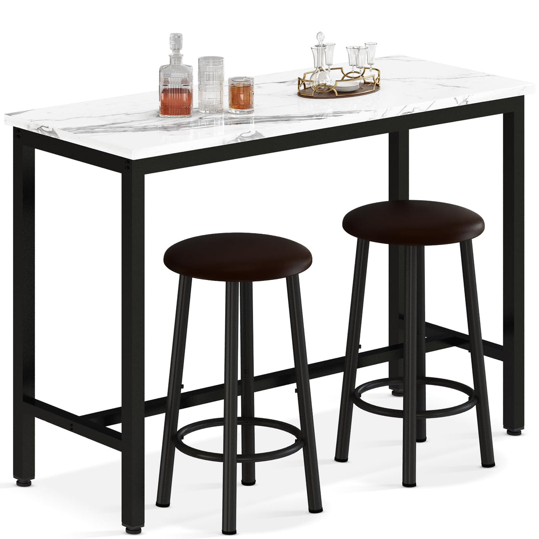 Lamerge Pub Height Set for 4,Kitchen Dining Set with 2 Bar Table Table and 4 PU Leather Stools with Backrest,Faux Marble Table Breakfast Table for Small Space,White & Black & Brown