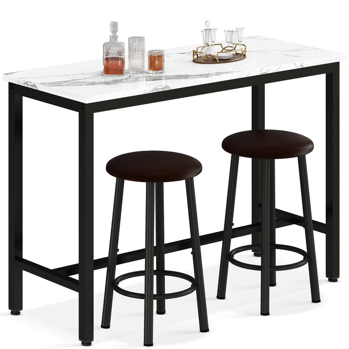 Lamerge Pub Height Set for 4,Kitchen Dining Set with 2 Bar Table Table and 4 PU Leather Stools with Backrest,Faux Marble Table Breakfast Table for Small Space,White & Black & Brown