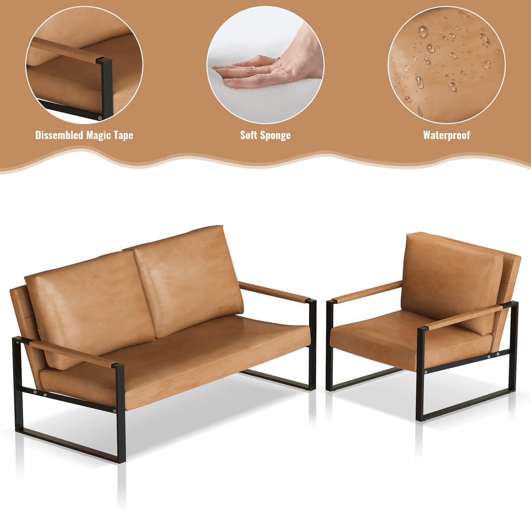 Lamerge Mid-Century Retro Modern Living Room Sofa Set with Loveseat and Seating Sofa Chair, Upholstered Couch and Accent Chair with Armrest, Living Room Set for Small Space, APT, Office (Orange)