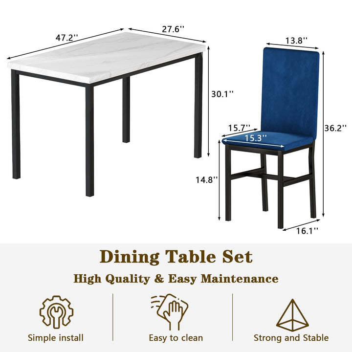 Hooseng 4-Piece Modern Kitchen Table with Faux Marble Top and Blue Velvet Chairs, Perfect for Small Spaces