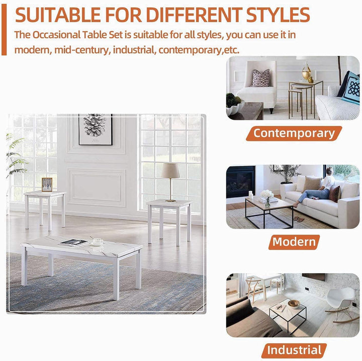 Hooseng Living Room Coffee Table Set-3pcs Faux Marble Living Room Furniture / 2 Side End Tables-Night Stand & Metal Frame-Rectangle, White