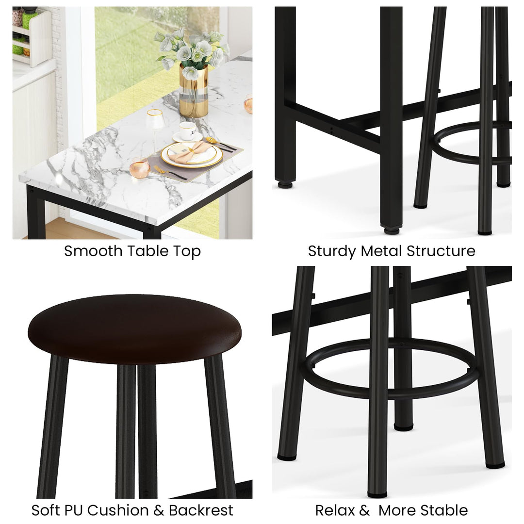 Lamerge Pub Height Set for 4,Kitchen Dining Set with 2 Bar Table Table and 4 PU Leather Stools with Backrest,Faux Marble Table Breakfast Table for Small Space,White & Black & Brown