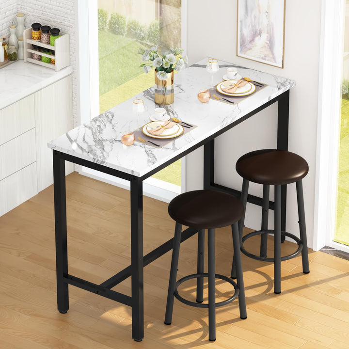 Lamerge Pub Height Set for 4,Kitchen Dining Set with 2 Bar Table Table and 4 PU Leather Stools with Backrest,Faux Marble Table Breakfast Table for Small Space,White & Black & Brown