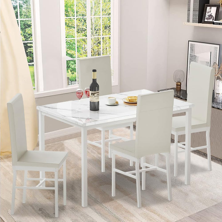 Hooseng 4-Piece Modern Kitchen Table with Faux Marble Top and Blue Velvet Chairs, Perfect for Small Spaces