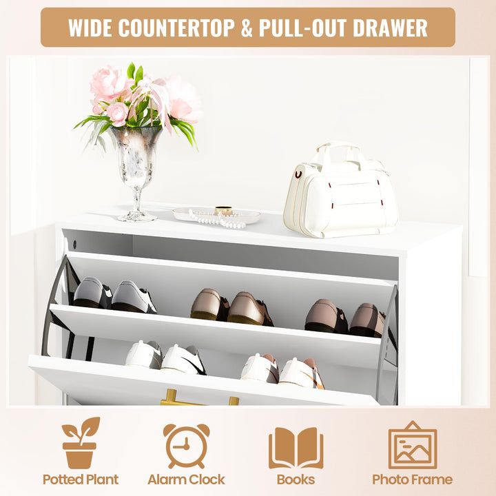 Hooseng Shoe Cabinet, Free Standing Shoe Rack Organizer with 3 Rattan Flip Drawers, Narrow Slim Hidden Shoe Storage Cabinet for Entryway, Hallway, 18 Pairs of Shoes, Heels, Boots, Slippers, Natural
