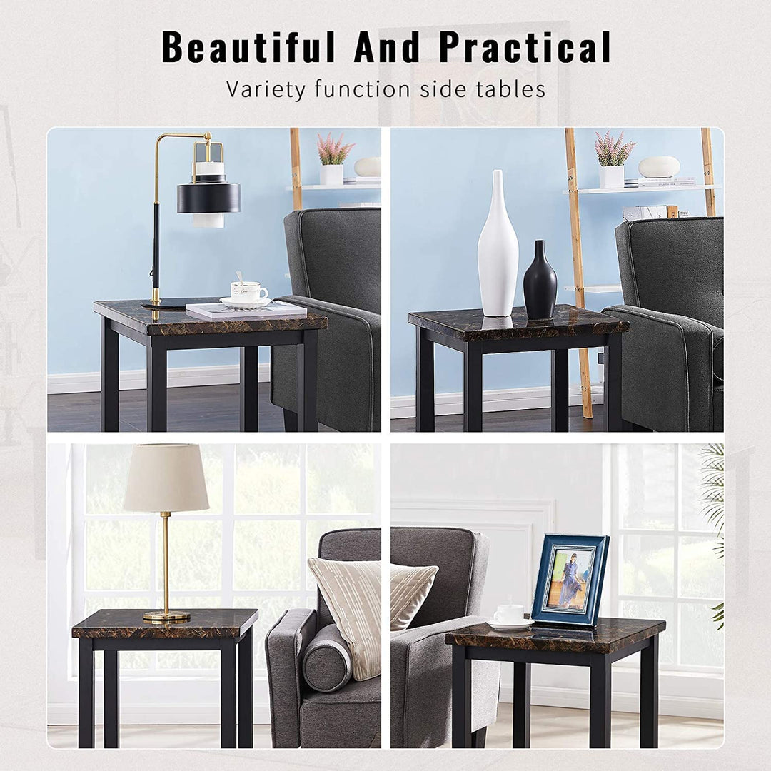 Hooseng Living Room Coffee Table Set-3pcs Faux Marble Living Room Furniture / 2 Side End Tables-Night Stand & Metal Frame-Rectangle, White