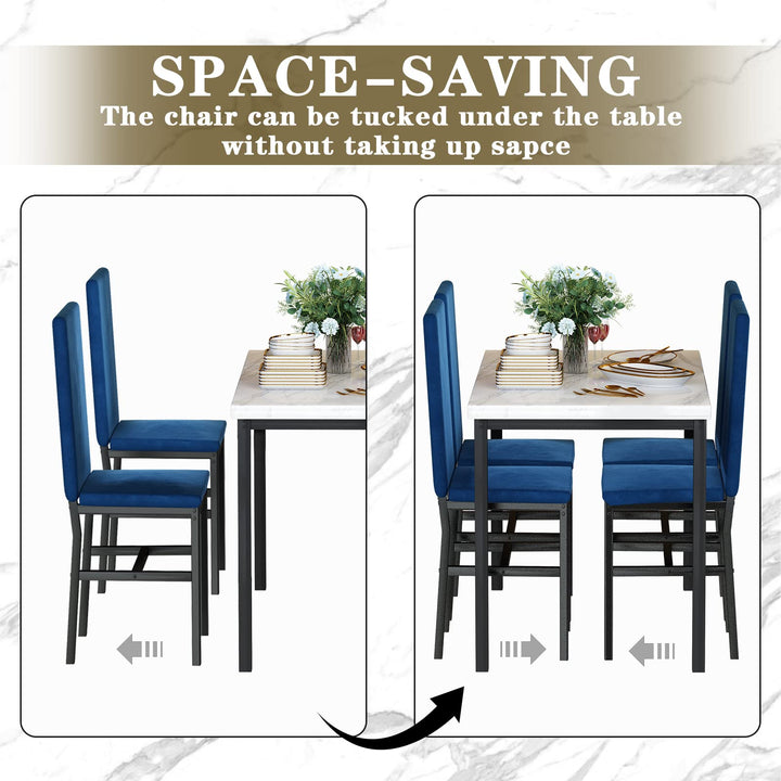 Hooseng 4-Piece Modern Kitchen Table with Faux Marble Top and Blue Velvet Chairs, Perfect for Small Spaces