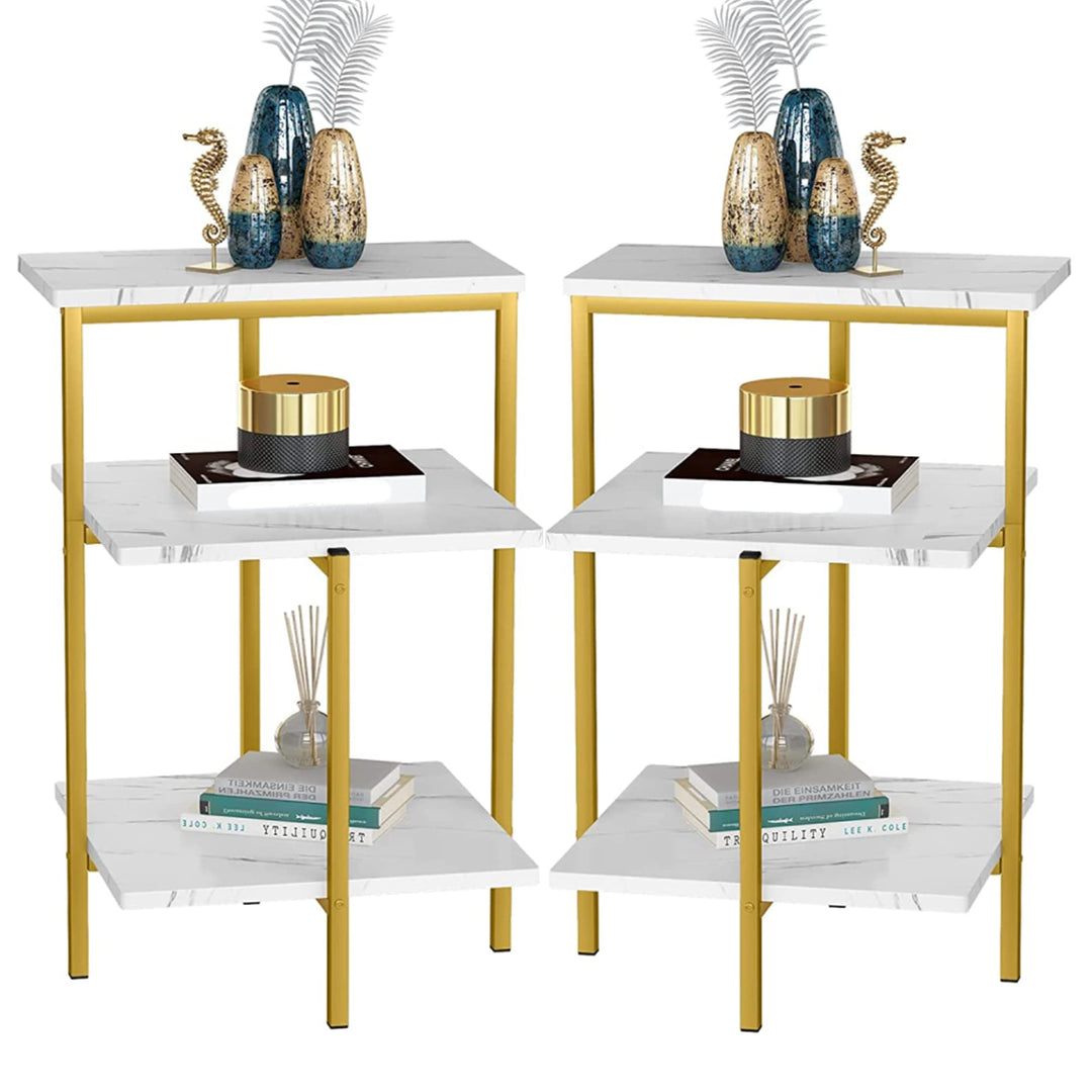 Lamerge White and Gold End Table, 3-Tier Faux Marble Side Table Small Round Coffee Table w/Metal Frame,Bedside Tables Nightstand for bedroom, Small Spaces