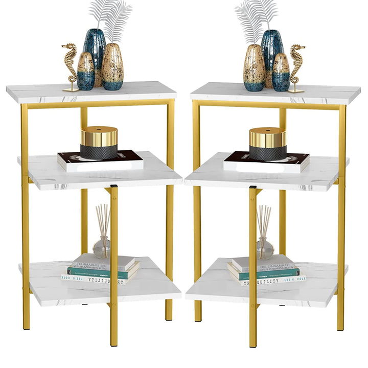 Lamerge White and Gold End Table, 3-Tier Faux Marble Side Table Small Round Coffee Table w/Metal Frame,Bedside Tables Nightstand for bedroom, Small Spaces