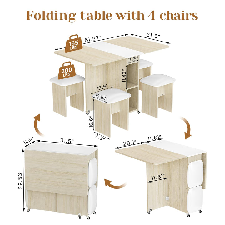 Hooseng Folding Dining Table Set for 4 with Leather Chairs and Shelves