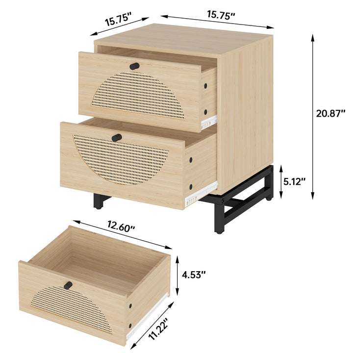 Lamerge Rattan Nightstands Set of 2, Boho Night Stands with Drawers & Metal Leg,Wood Bed Side Tables End Table for Bedroom, Living Room-Beige