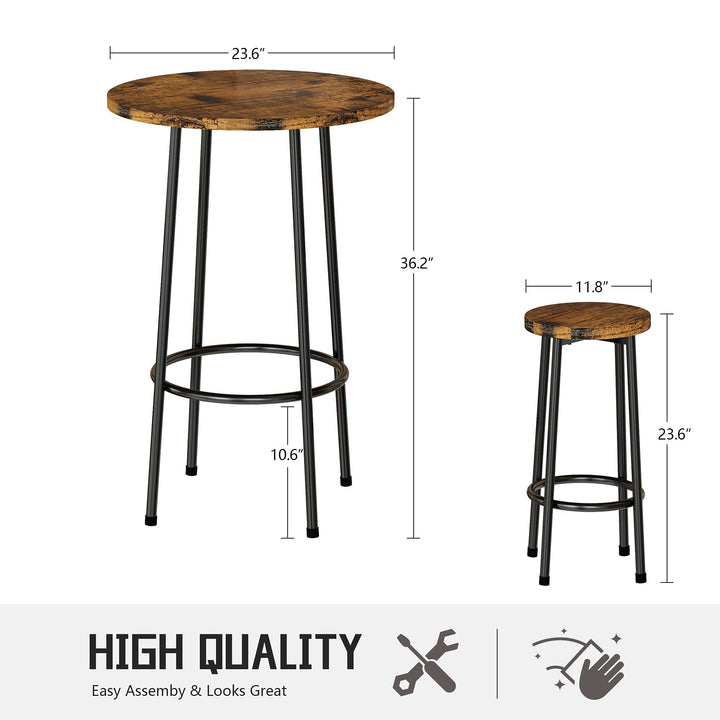 Hooseng Bar Table Set, 3 Piece Dining Table Set, Breakfast Bar Table for 2, Rectangle Kitchen Table Set with Steel Frame Pub Table for Small Space, Farmhouse, Cafe, Kitchen, Dining, Rustic Brown