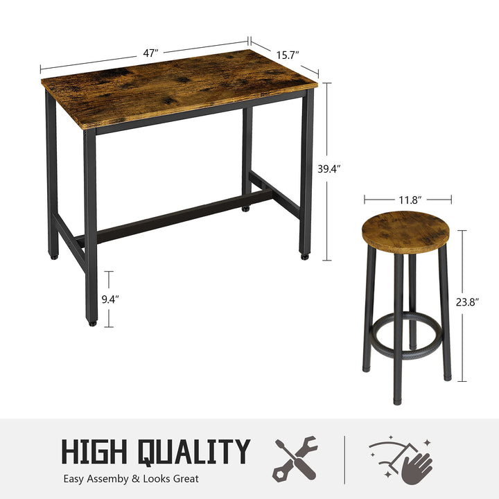 Hooseng Bar Table Set, 3 Piece Dining Table Set, Breakfast Bar Table for 2, Rectangle Kitchen Table Set with Steel Frame Pub Table for Small Space, Farmhouse, Cafe, Kitchen, Dining, Rustic Brown