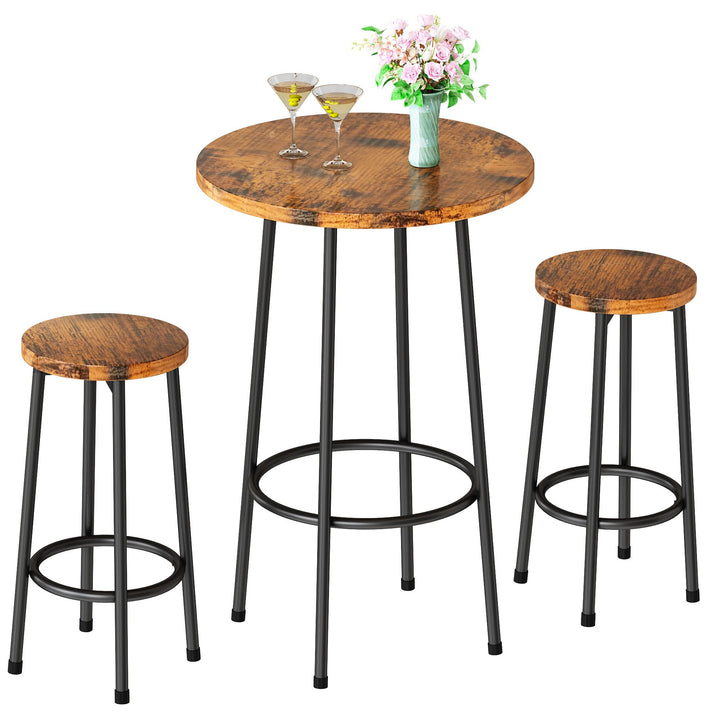 Hooseng Bar Table Set, 3 Piece Dining Table Set, Breakfast Bar Table for 2, Rectangle Kitchen Table Set with Steel Frame Pub Table for Small Space, Farmhouse, Cafe, Kitchen, Dining, Rustic Brown