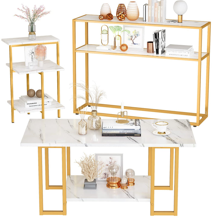 Faux Marble Coffee Table Set with 3-Tier End Table & Console Tables