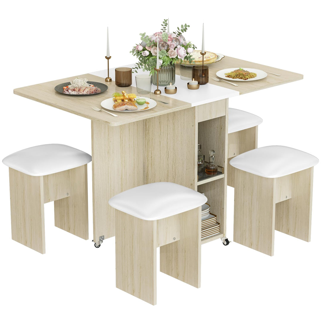 Hooseng Folding Dining Table Set for 4 with Leather Chairs and Shelves