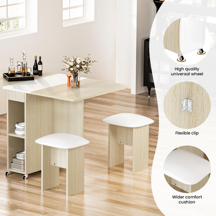 Hooseng Folding Dining Table Set for 4 with Leather Chairs and Shelves