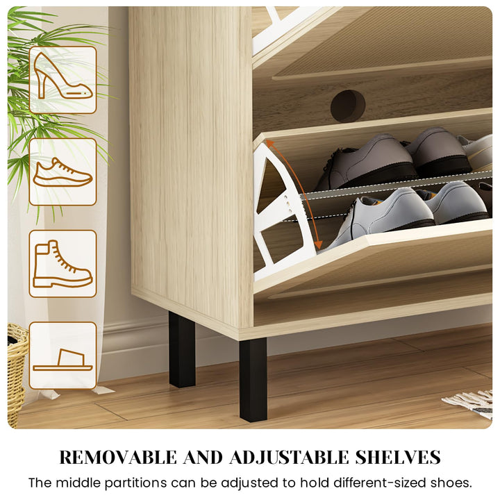 Hooseng Shoe Cabinet, Free Standing Shoe Rack Organizer with 3 Rattan Flip Drawers, Narrow Slim Hidden Shoe Storage Cabinet for Entryway, Hallway, 18 Pairs of Shoes, Heels, Boots, Slippers, Natural