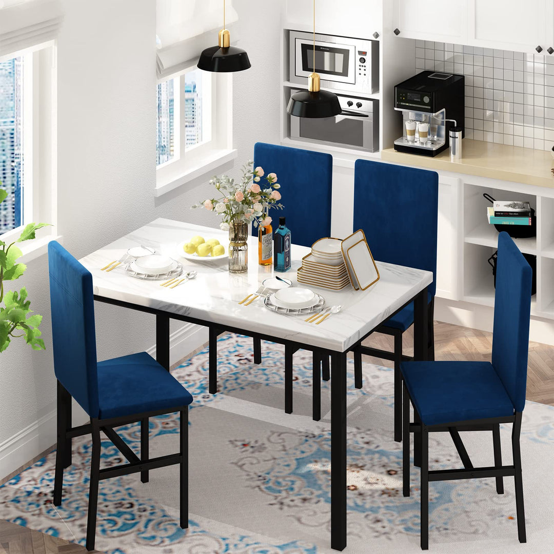 Hooseng 4-Piece Modern Kitchen Table with Faux Marble Top and Blue Velvet Chairs, Perfect for Small Spaces