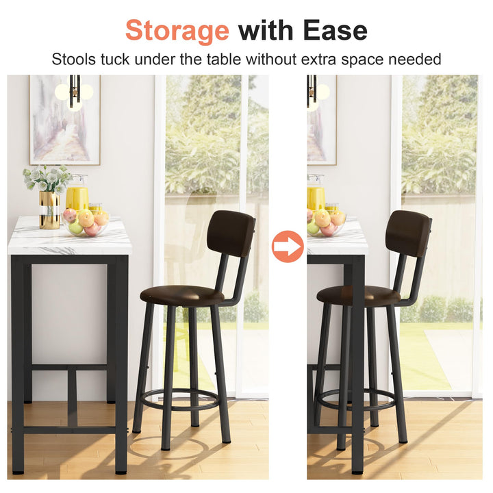Lamerge Pub Height Set for 4,Kitchen Dining Set with 2 Bar Table Table and 4 PU Leather Stools with Backrest,Faux Marble Table Breakfast Table for Small Space,White & Black & Brown