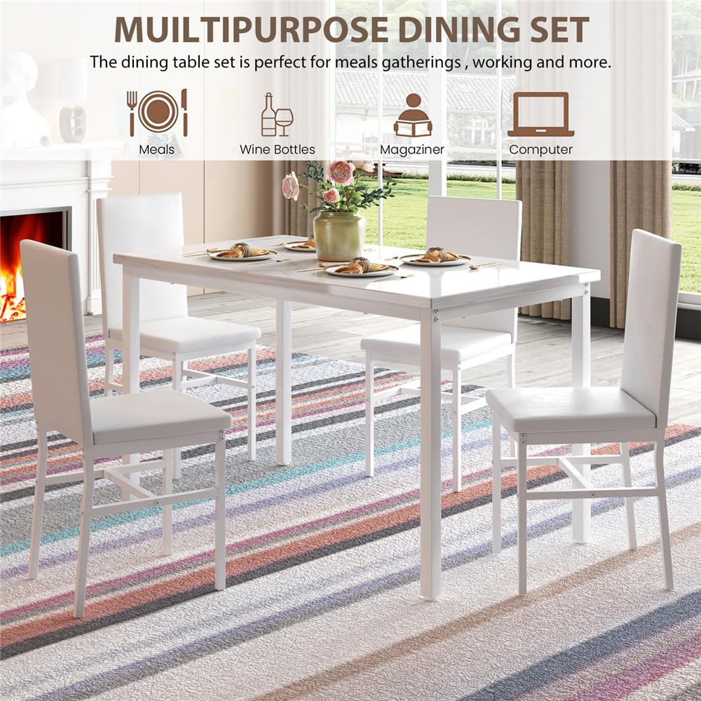 Hooseng 4-Piece Modern Kitchen Table with Faux Marble Top and Blue Velvet Chairs, Perfect for Small Spaces