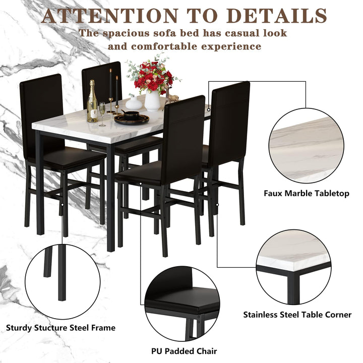 Hooseng 4-Piece Space Saving Kitchen Table with Faux Marble Top and Leather Chairs, Perfect for Small Spaces