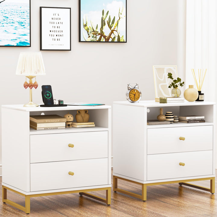 Lamerge Rattan Nightstands Set of 2, Boho Night Stands with Drawers & Metal Leg,Wood Bed Side Tables End Table for Bedroom, Living Room-Beige