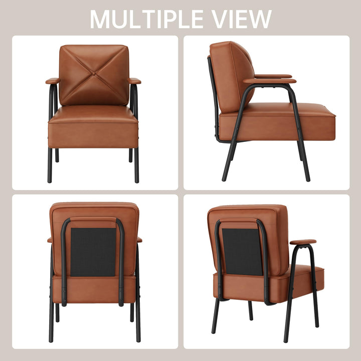 Lamerge Black Small Accent Chair Set of 2, Mid Century Modern Side Chair with Padded Armrests, Retro Faux Leather Arm Chair for Living Room, Bedroom, Office, Reception Room
