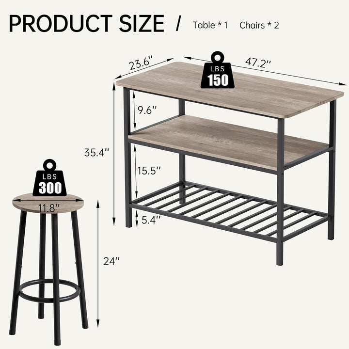 Lamerge Kitchen Island Table Set, 3 Piece Kitchen Island with Seating and Storage, Dining Table and Chairs Set for 2 with 3 Shelves, Wooden Height Counter Bar Table Set for Small Space, Grey
