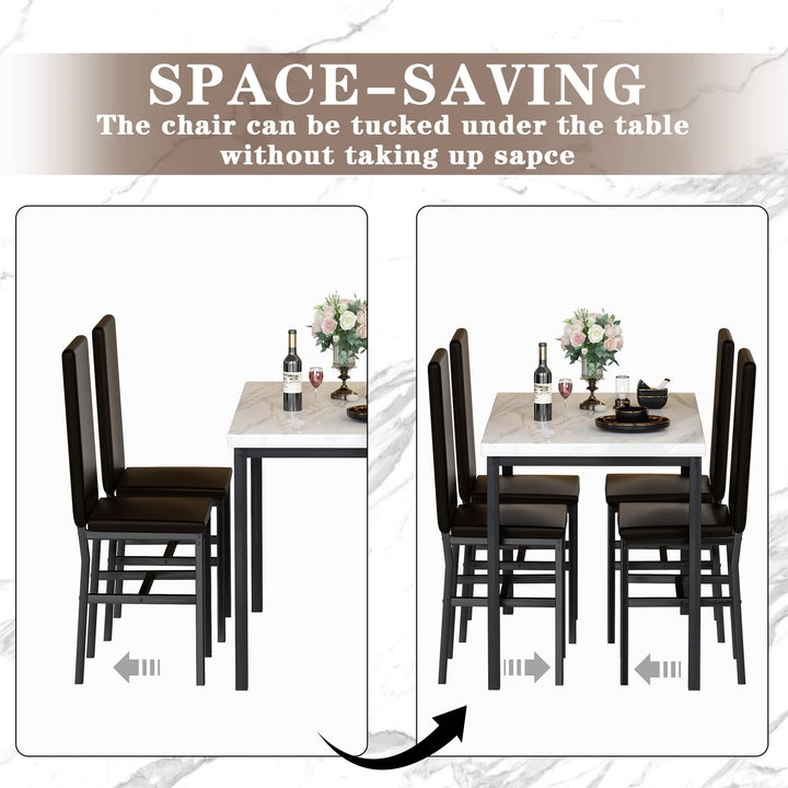 Hooseng 4-Piece Space Saving Kitchen Table with Faux Marble Top and Leather Chairs, Perfect for Small Spaces