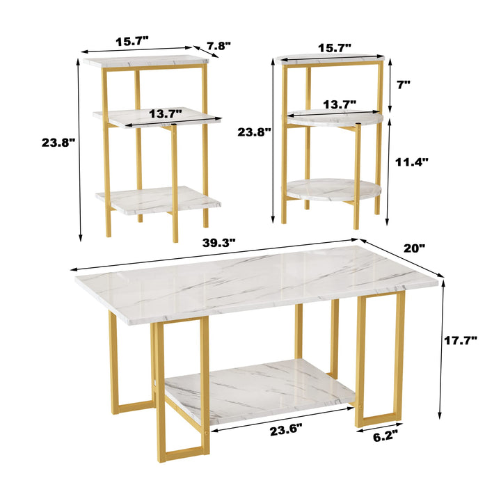Hooseng 3 Piece Coffee Table Set for Living Room, Include Coffee Table & 2pcs Side Table, Living Room Table Set with Faux Marble Tabletop and Metal Frame for Apartment, Small Space