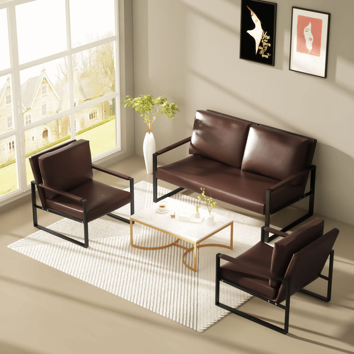 Lamerge Mid-Century Retro Modern Living Room Sofa Set with Loveseat and Seating Sofa Chair, Upholstered Couch and Accent Chair with Armrest, Living Room Set for Small Space, APT, Office (Orange)