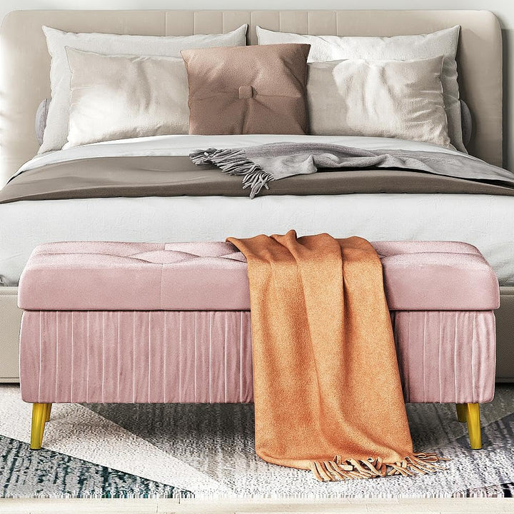 Lamerge Large Upholstered Velvet Storage Ottoman,End of Bed Bench,Flip Top Entryway Bench,Tufted Foot Rest Stool,Can Used as Tea Table,Vanity Bench,Livingroom Chair,47.24" W,Golden & Pink