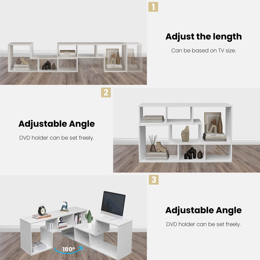L-shaped TV Console Stand with 2-tier Shelf Bookcase