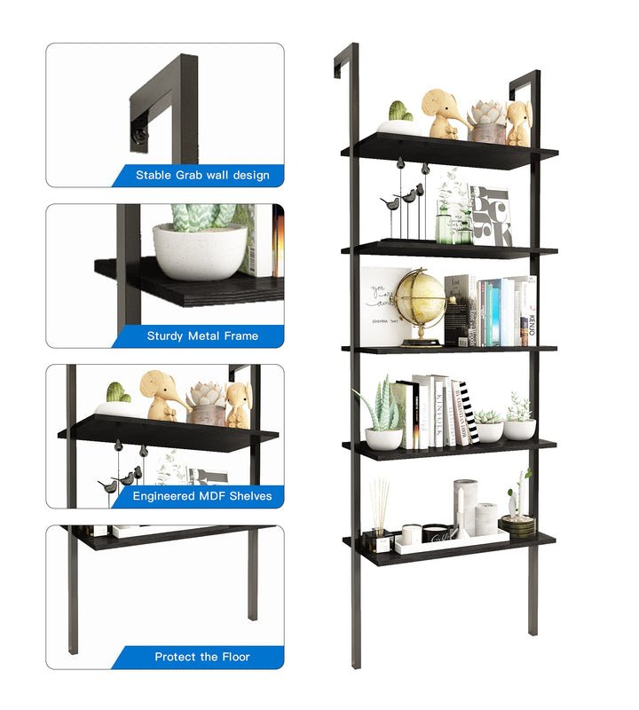 Hooseng Open Wall Mount Bookcase, Modern 5-Shelf Ladder Shelf w/Industrial Metal + Manufactured Wood Storage Organizer, Plant Display Rack, Stand Bookshelf for Home Office, Black