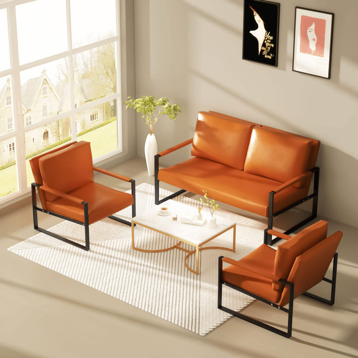 Lamerge Mid-Century Retro Modern Living Room Sofa Set with Loveseat and Seating Sofa Chair, Upholstered Couch and Accent Chair with Armrest, Living Room Set for Small Space, APT, Office (Orange)