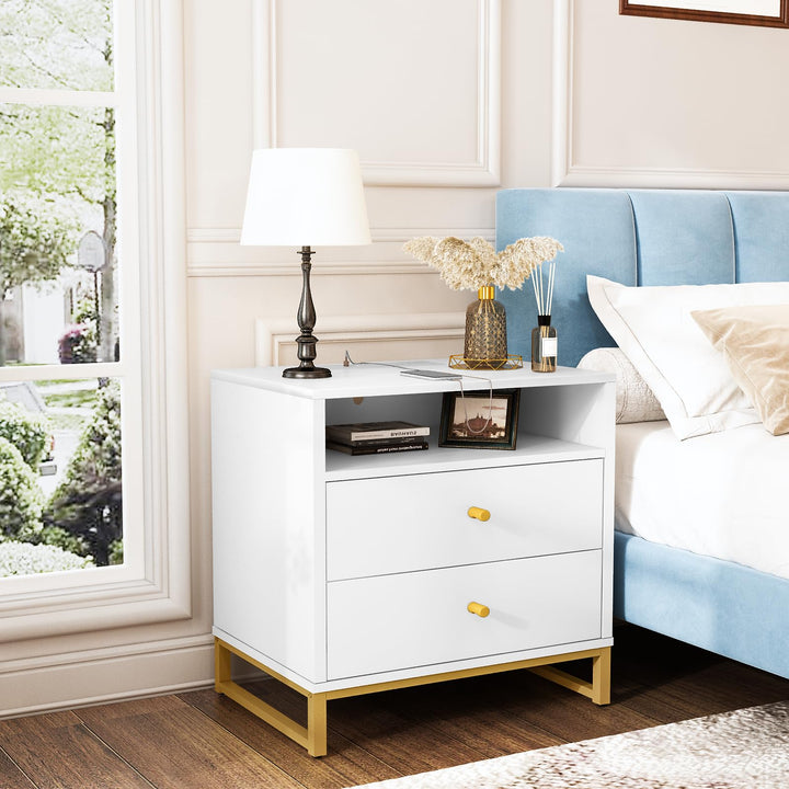 Lamerge Rattan Nightstands Set of 2, Boho Night Stands with Drawers & Metal Leg,Wood Bed Side Tables End Table for Bedroom, Living Room-Beige