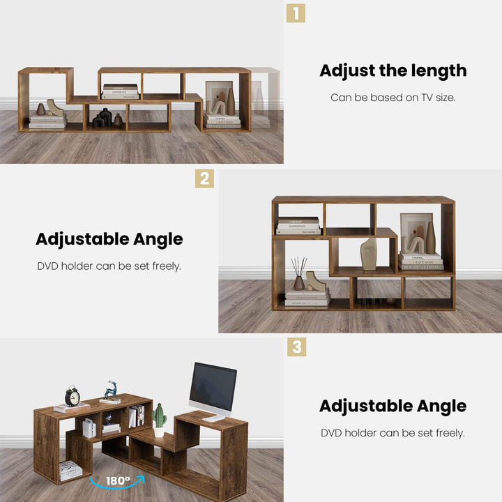 L-shaped TV Console Stand with 2-tier Shelf Bookcase