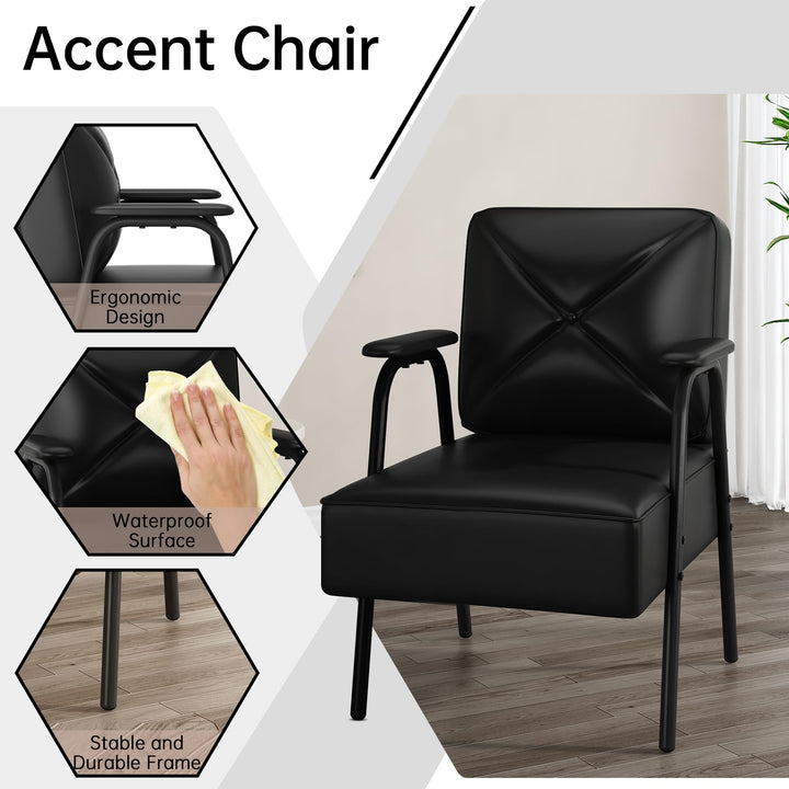 Lamerge Black Small Accent Chair Set of 2, Mid Century Modern Side Chair with Padded Armrests, Retro Faux Leather Arm Chair for Living Room, Bedroom, Office, Reception Room