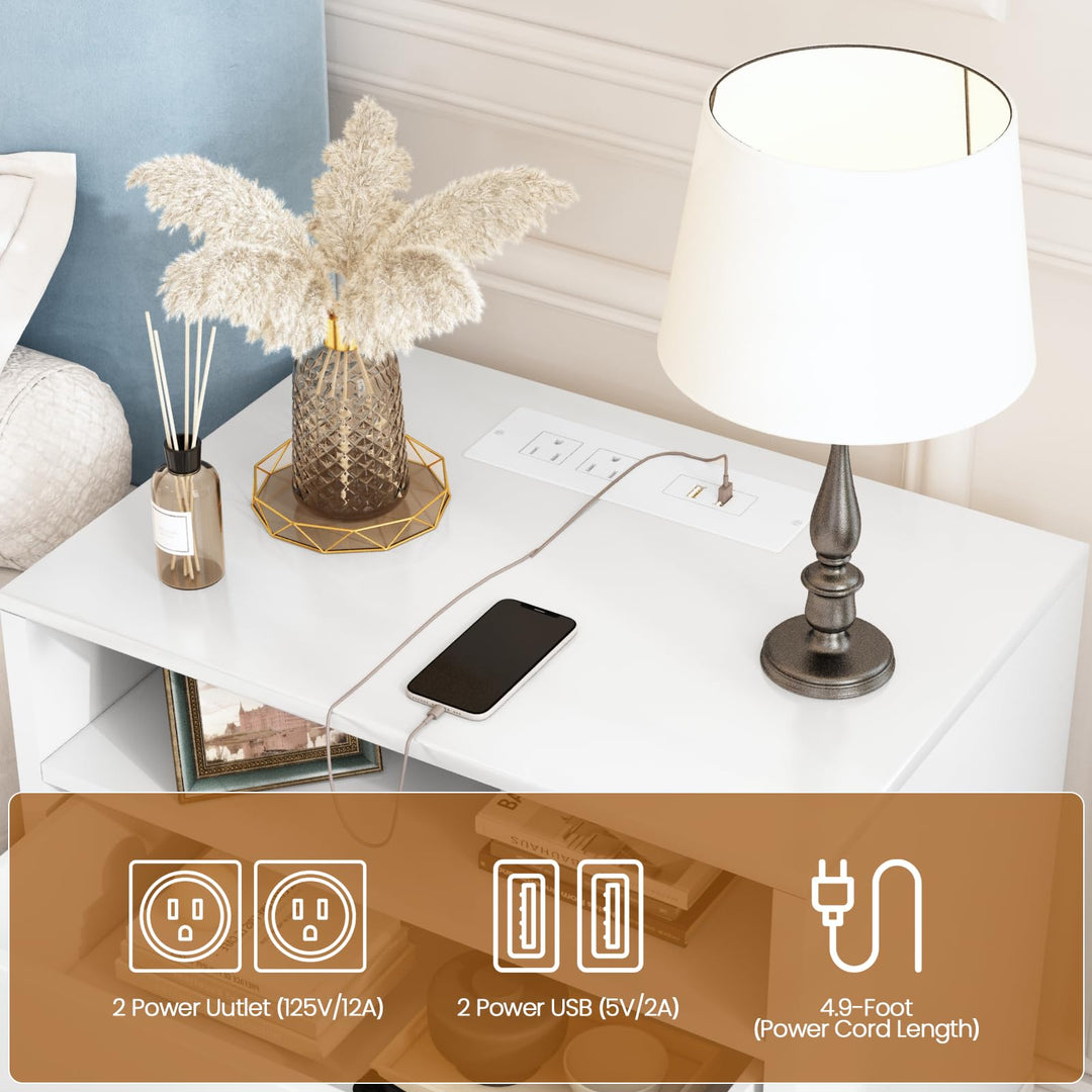 Lamerge Rattan Nightstands Set of 2, Boho Night Stands with Drawers & Metal Leg,Wood Bed Side Tables End Table for Bedroom, Living Room-Beige