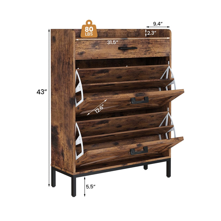 Hooseng Shoe Cabinet, Free Standing Shoe Rack Organizer with 3 Rattan Flip Drawers, Narrow Slim Hidden Shoe Storage Cabinet for Entryway, Hallway, 18 Pairs of Shoes, Heels, Boots, Slippers, Natural