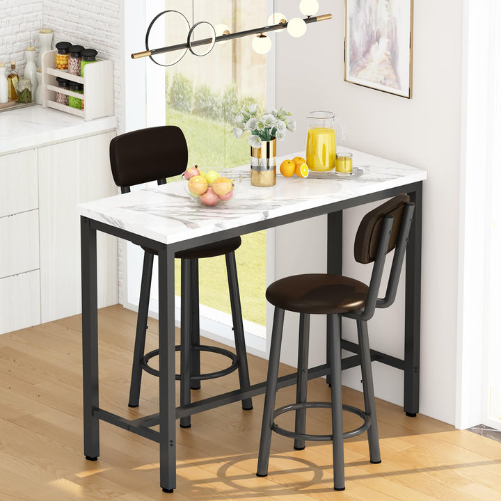 Lamerge Pub Height Set for 4,Kitchen Dining Set with 2 Bar Table Table and 4 PU Leather Stools with Backrest,Faux Marble Table Breakfast Table for Small Space,White & Black & Brown