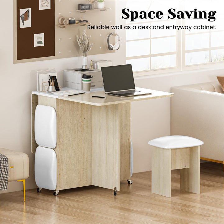 Hooseng Folding Dining Table Set for 4 with Leather Chairs and Shelves