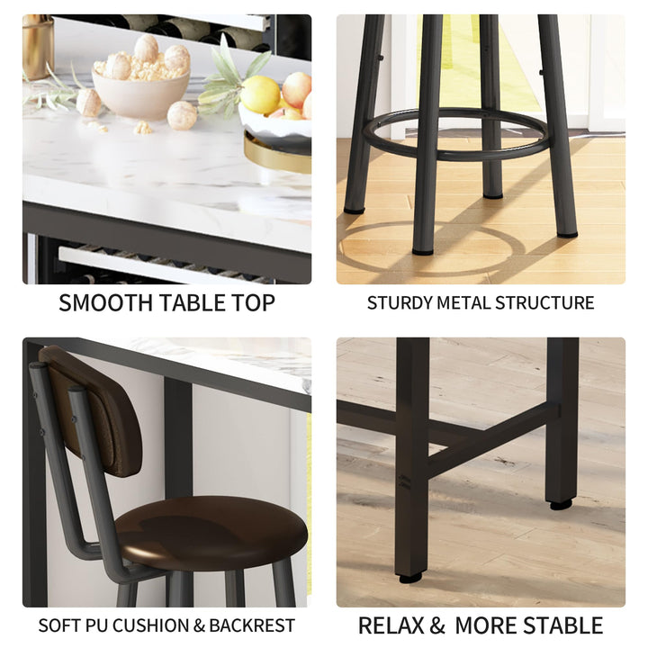 Lamerge Pub Height Set for 4,Kitchen Dining Set with 2 Bar Table Table and 4 PU Leather Stools with Backrest,Faux Marble Table Breakfast Table for Small Space,White & Black & Brown