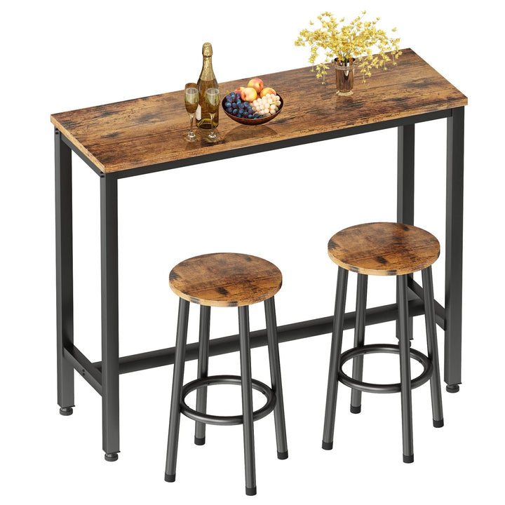Hooseng Bar Table Set, 3 Piece Dining Table Set, Breakfast Bar Table for 2, Rectangle Kitchen Table Set with Steel Frame Pub Table for Small Space, Farmhouse, Cafe, Kitchen, Dining, Rustic Brown