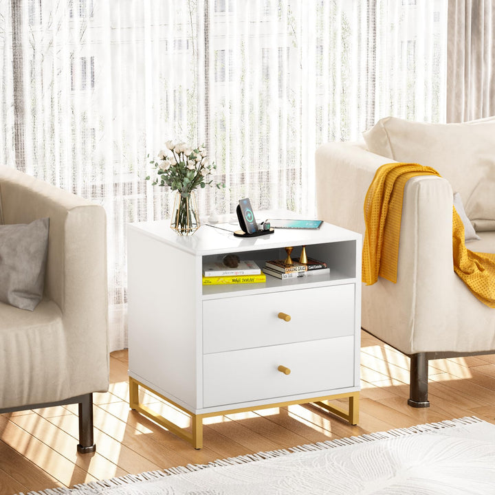 Lamerge Rattan Nightstands Set of 2, Boho Night Stands with Drawers & Metal Leg,Wood Bed Side Tables End Table for Bedroom, Living Room-Beige