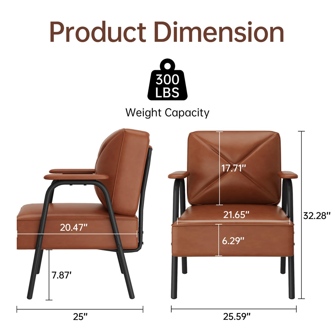 Lamerge Black Small Accent Chair Set of 2, Mid Century Modern Side Chair with Padded Armrests, Retro Faux Leather Arm Chair for Living Room, Bedroom, Office, Reception Room